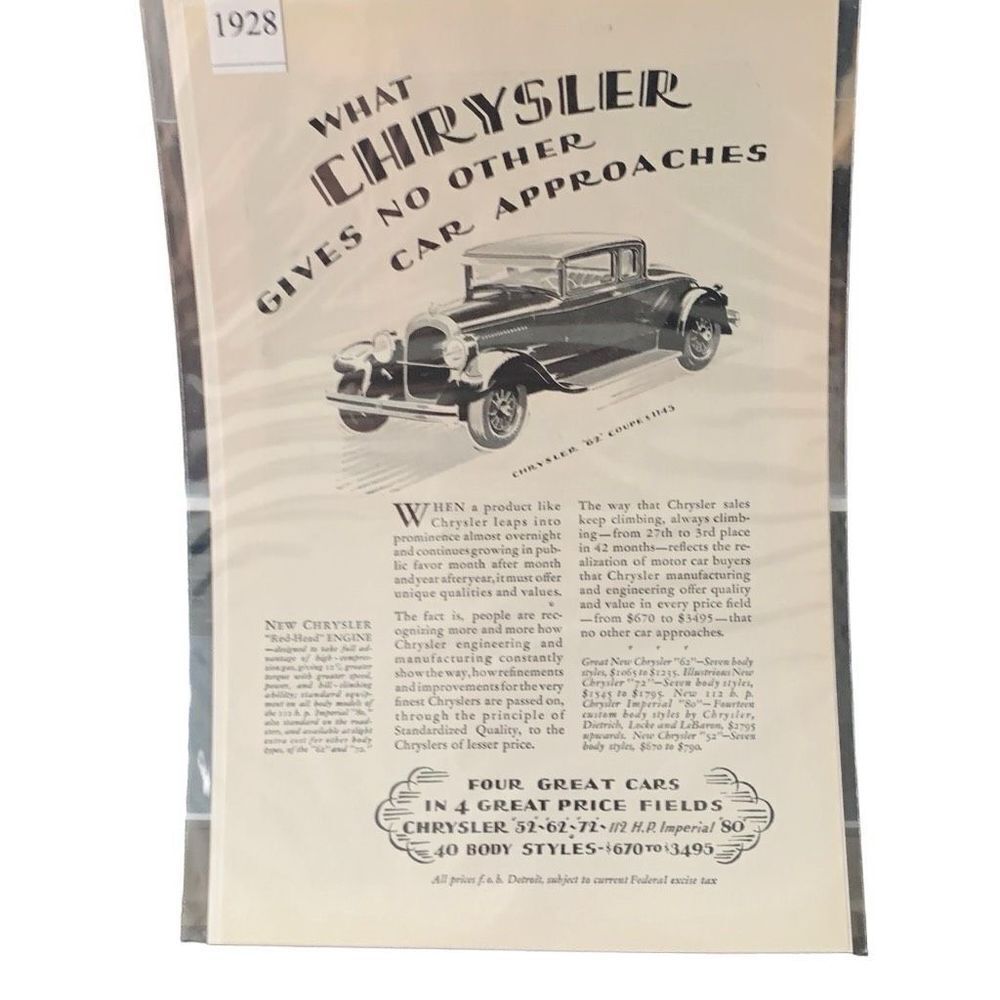 Vintage 1928 Chrysler 62 Coupe Red Head Engine Ad Advertisement